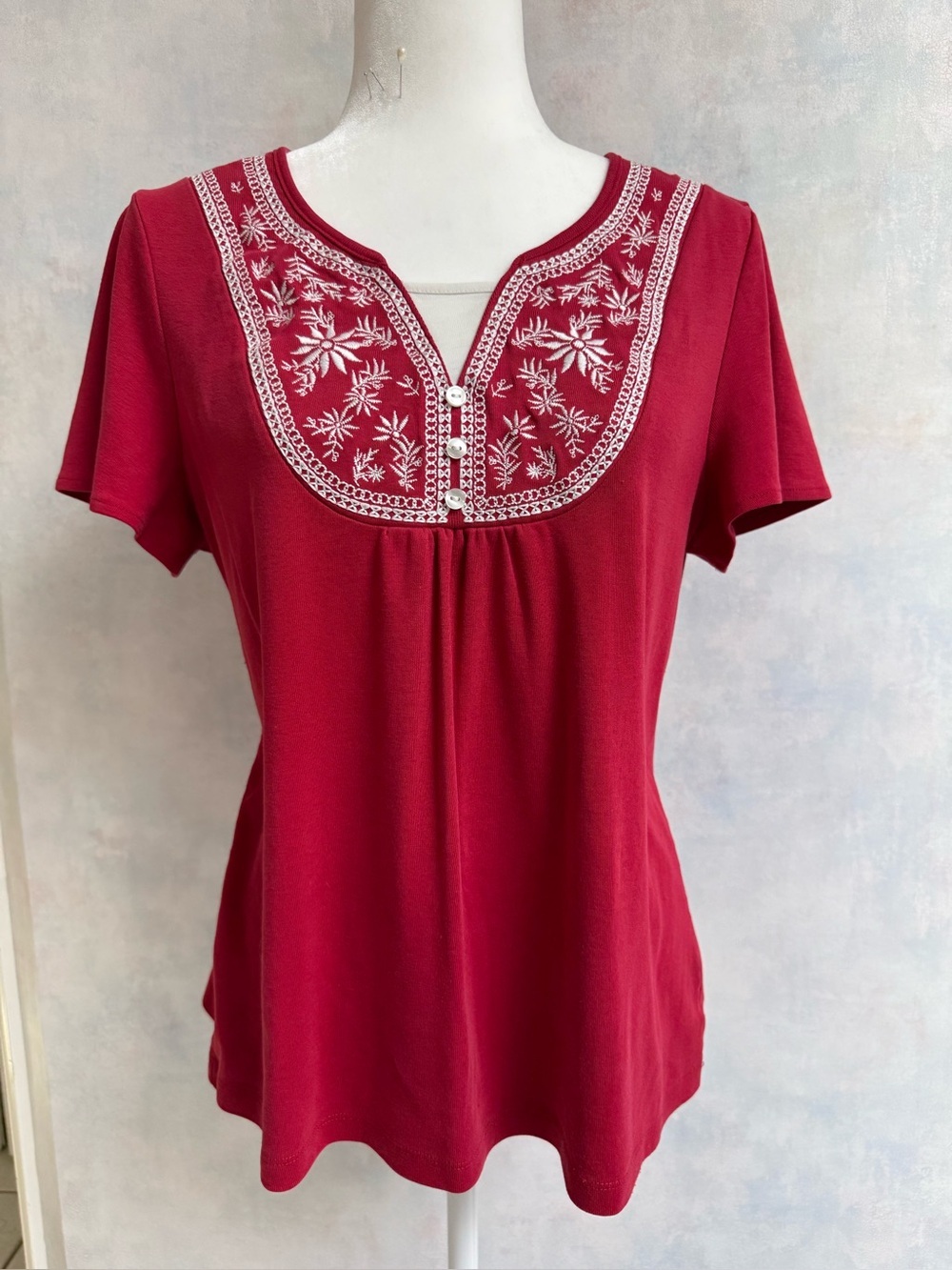 Rebecca Malone Crimson Red Summer Top with white floral Embroidery along V Neck - Picture 2 of 6